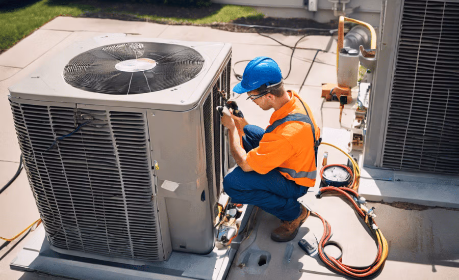 Top-notch HVAC Technician working on large air conditioning condenser