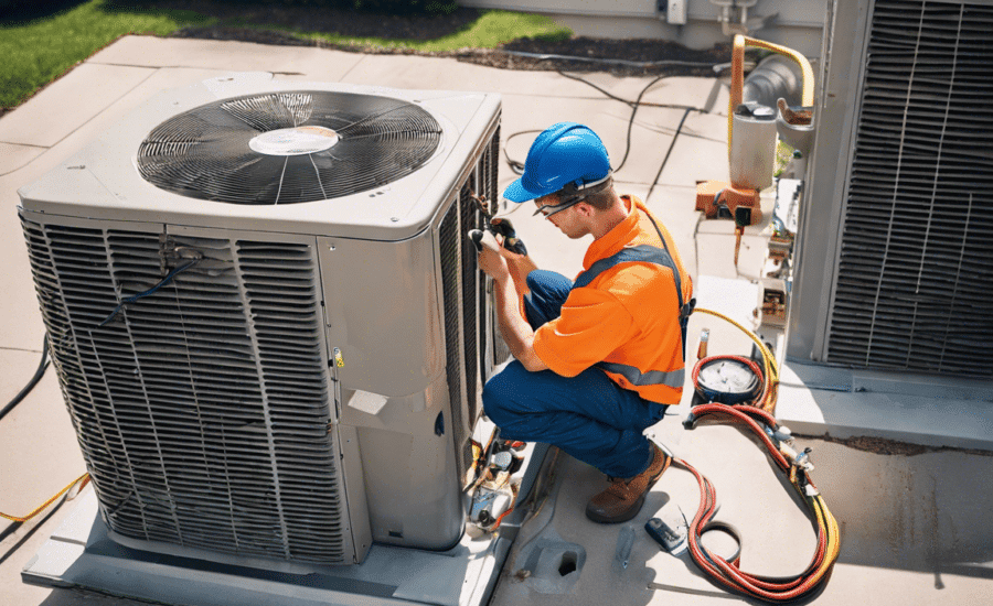 Top-notch HVAC Technician working on large air conditioning condenser